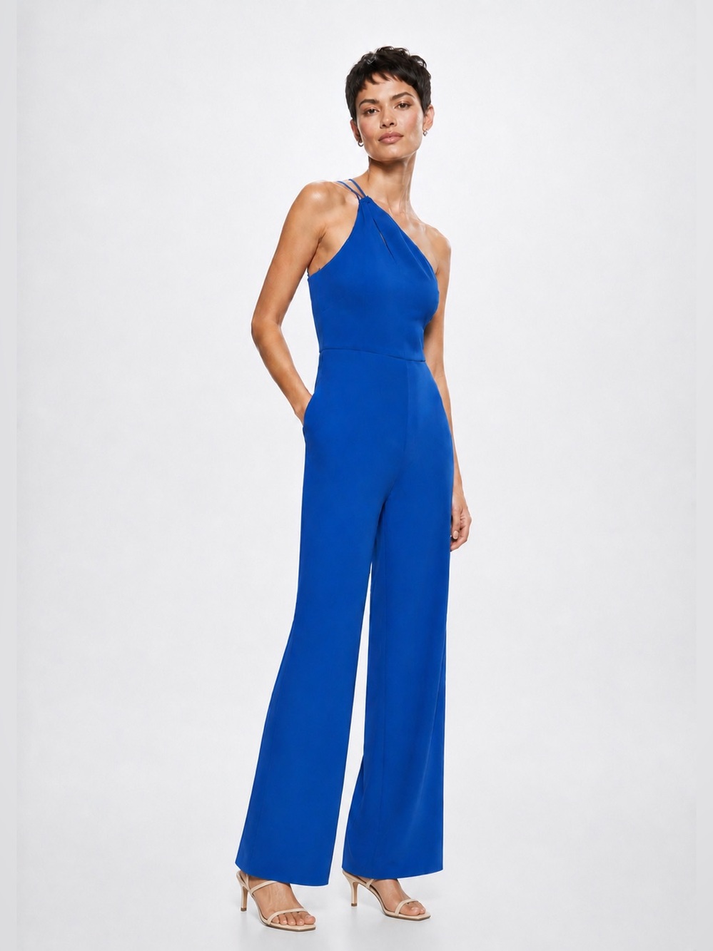 Mango Asymmetric Long Wide-Leg Jumpsuit in Cobalt Blue